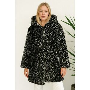 Ultra‎ Fur Animal Print Hooded Faux Fur Coat Belted Black White Women's